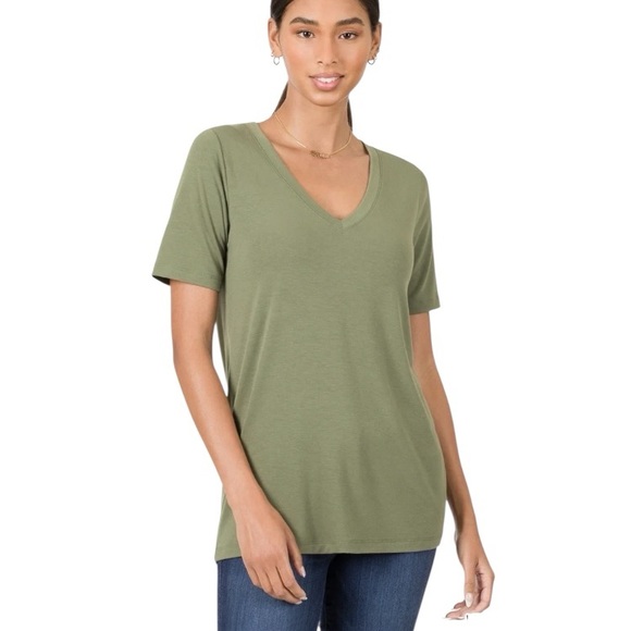 Zenana Outfitters Tops - NEW Zenana Lt Olive Vneck Short Sleeve Tshirt Size 1X